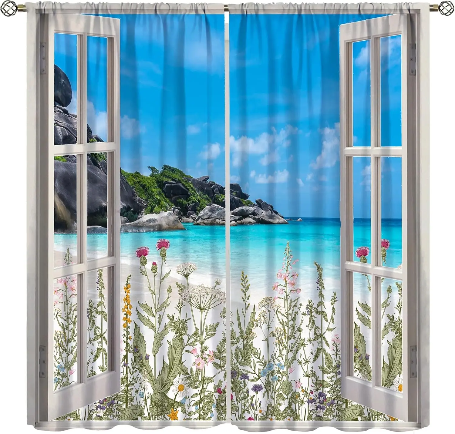 Beach Curtains for Kitchen,Leisure Tropical Summer Sun Sand Sea Countryside Flower Ocean View Window Drapes for Boys Girls