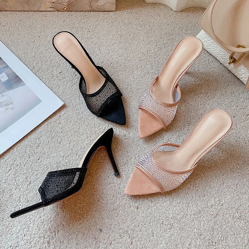 

Pointed Toe Open Toe Wide Strap Sandals Women New European Style Thin Heel Rhinestone High Heels