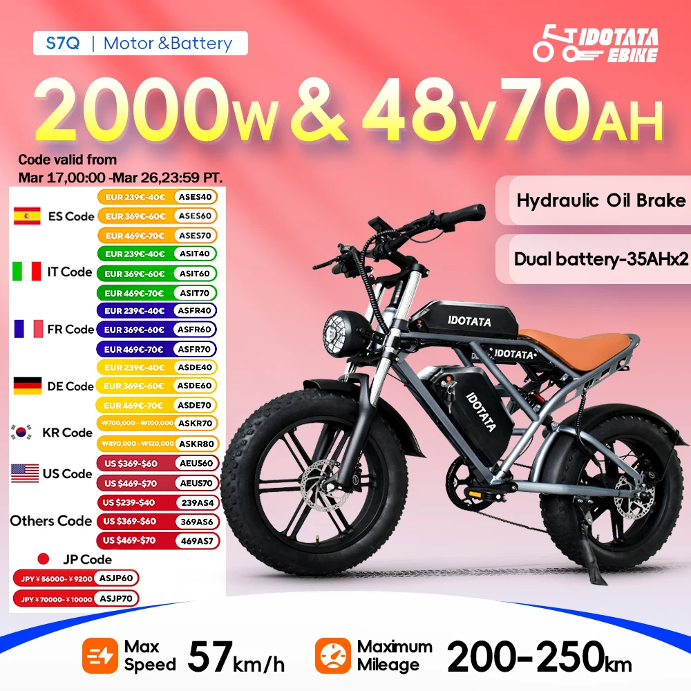 IDOTATA-S7 Electric Bike for Adults, Dual Battery, 48V, 70Ah, 20inch, 4.0 Fat Tires,Snow Mountain E-Bike, 2000W Electric Bicycle