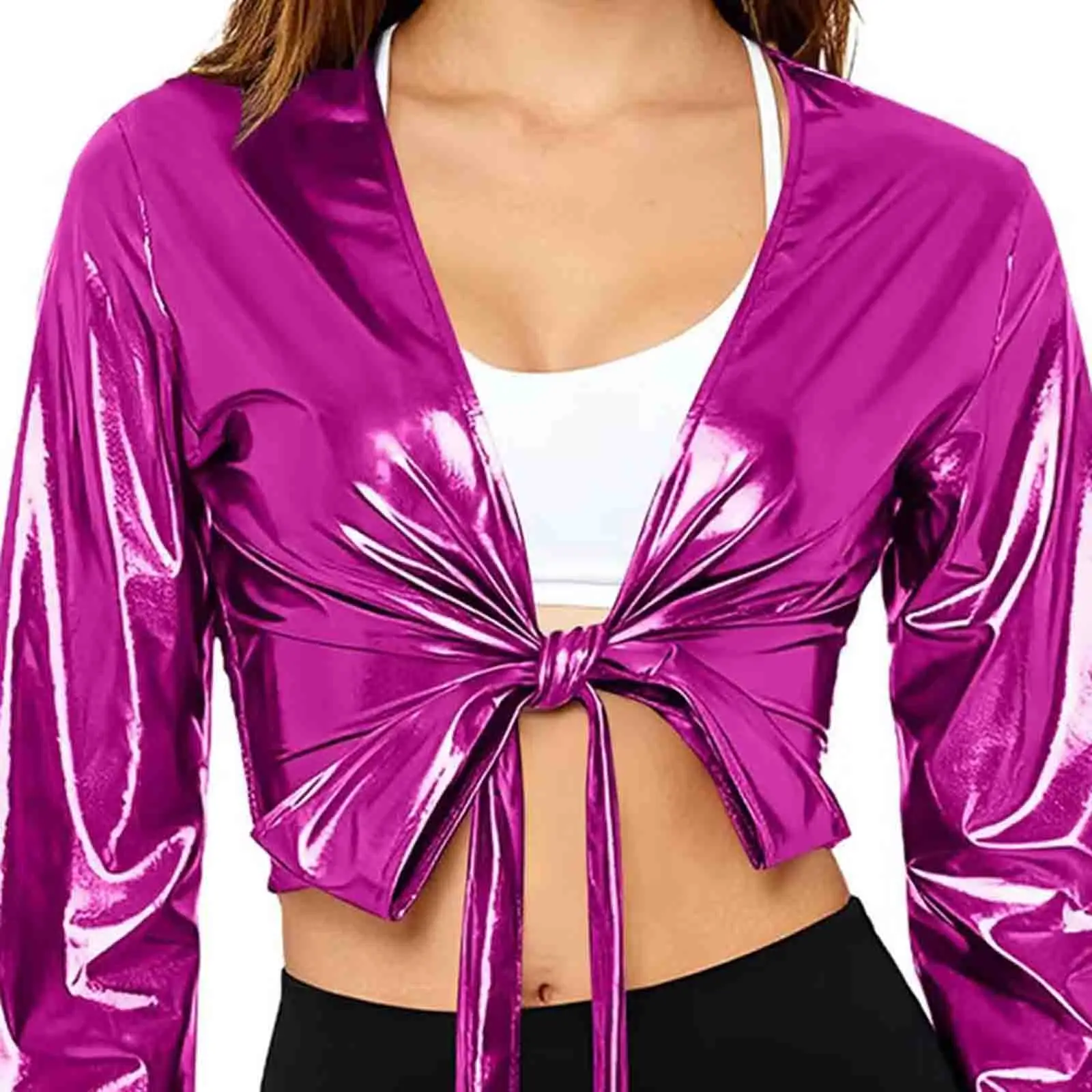 

Women Metallic Lace-Up Wrap Coat Crop Tops Long Sleeves Shiny Shirt Cover Up for Yoga Workout Disco Party Raves Dance Waistcoats