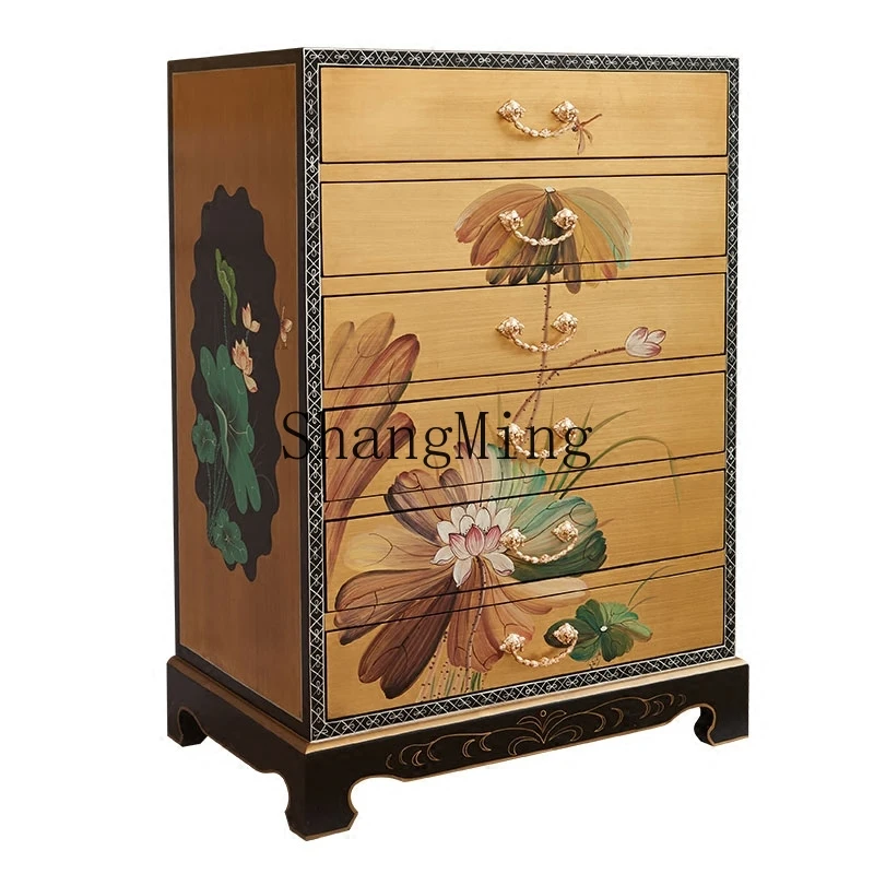 

ZYH New Chinese Painted Lotus Gold Foil Bedroom Storage Locker Living Room Decoration Cabinet