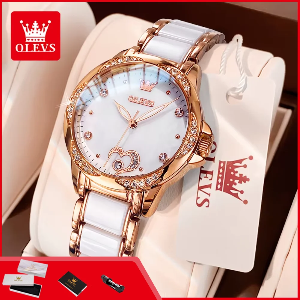 

OLEVS 6631 Automatic Watches for Women Elegant Rose Gold Ceramics Strap Diamond Bezel Waterproof Women's Mechanical Wristwatches