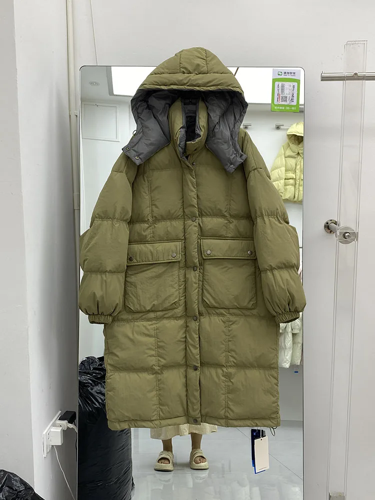 女性ダウンジャケットカジュアルルーズオーバーサイズパッチワーク秋冬暖かい厚いフード付き生き抜くスタンドカラーコート 2025