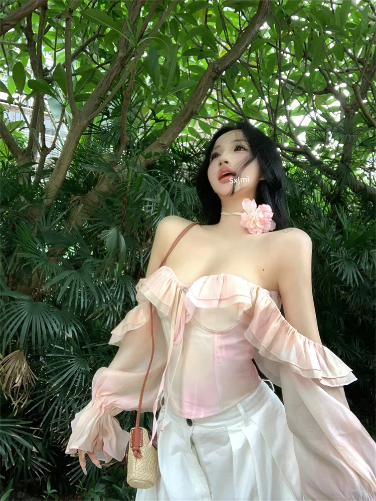 レディース夏用オフショルダーストラップレスシャツ、フィッシュボーンウエスト、ロータスリーフエッジ、長袖ブラウス、スリムフィットデザイントップス