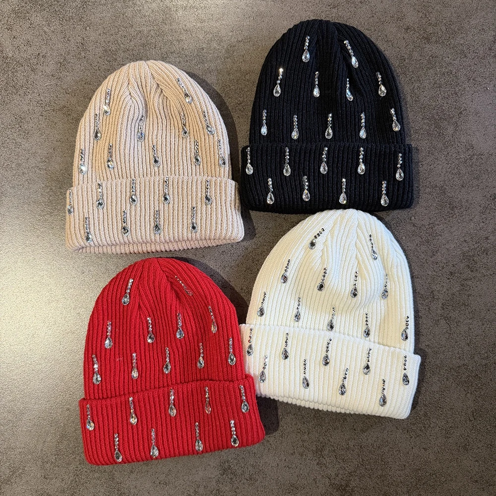 High Quality Diamond Encrusted Graphic Print Casual Hat Winter Knitting Skullcap Keep Warm Beanie Men Women