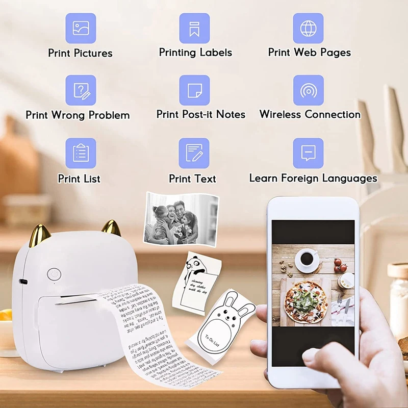 Mini Pocket Printer Bluetooth Inkless Printer With LED For Kids, Used In Home, Office, Study