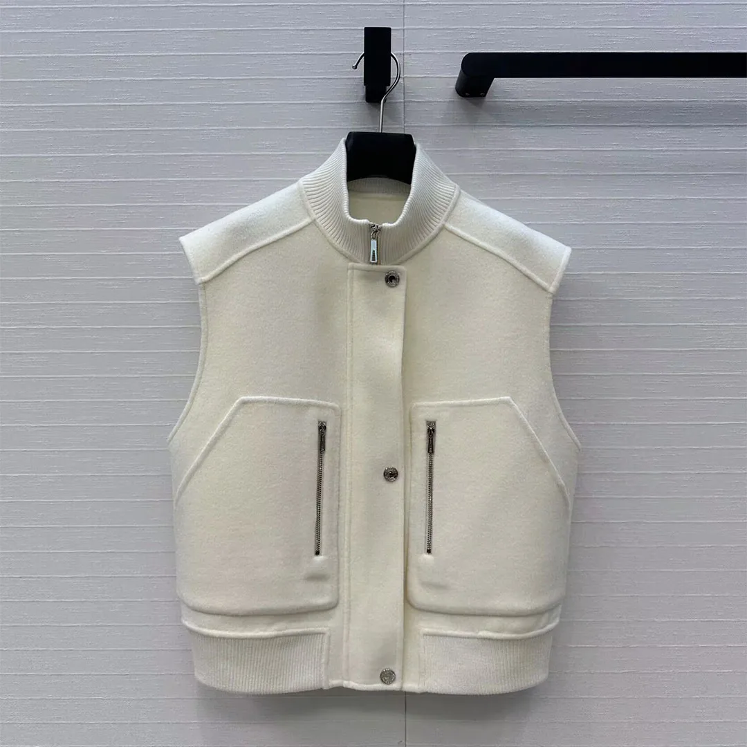 

2025 New Autumn Double Sided Woolen Tank Coat Women Stand Collar Sleeveless Zipper Pockets Solid Color Casual Short Design Vest