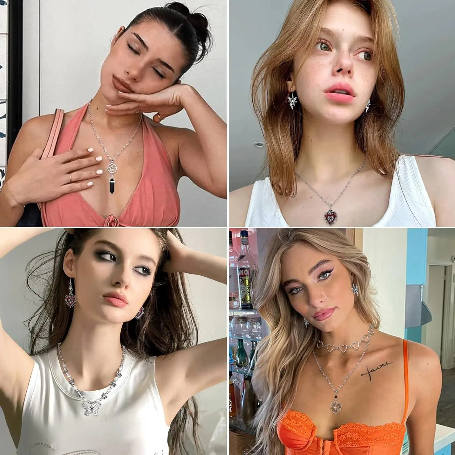 33Pcs Grunge Vintage Punk Necklace Jewelry Set Gothic Earrings Fairy Butterfly Boho Crystal Y2k Cross Pendent Butterfly Heart Choker Goth Stackable Knuckle Rings Adjustable Y2k Accessories for Women Men view 2