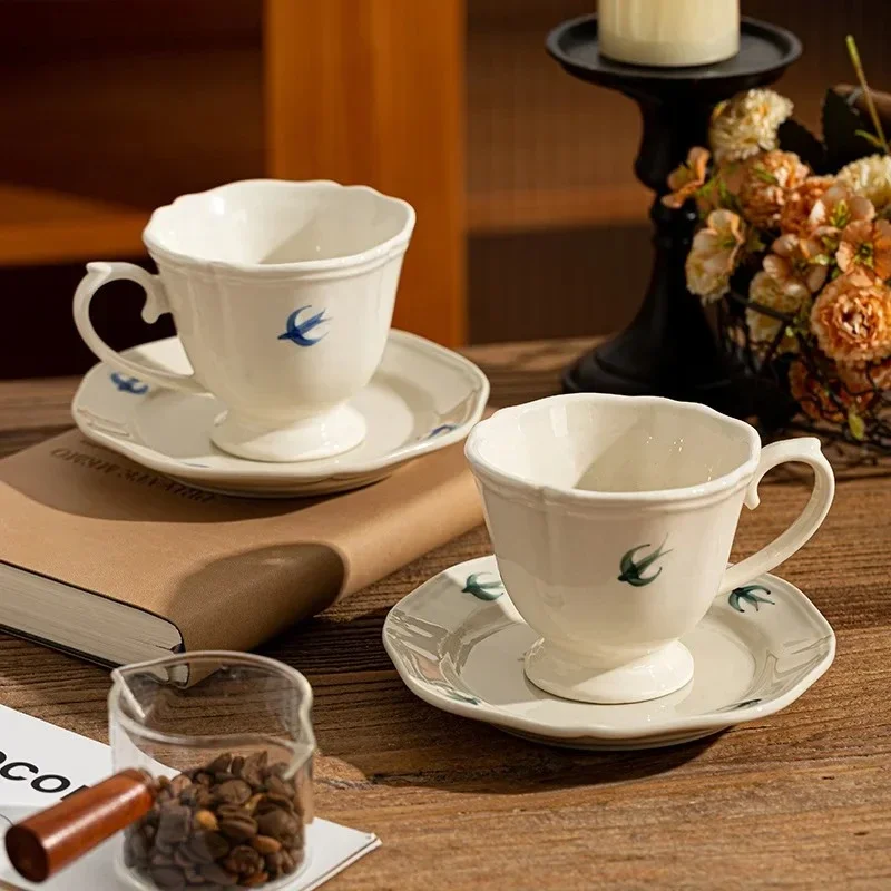 Swallow Ceramic Cup and Saucer Swallow Painted Coffee Mug Cup and Plate Dining Table Milk Mugs Afternoon Tea Teacup Gifts