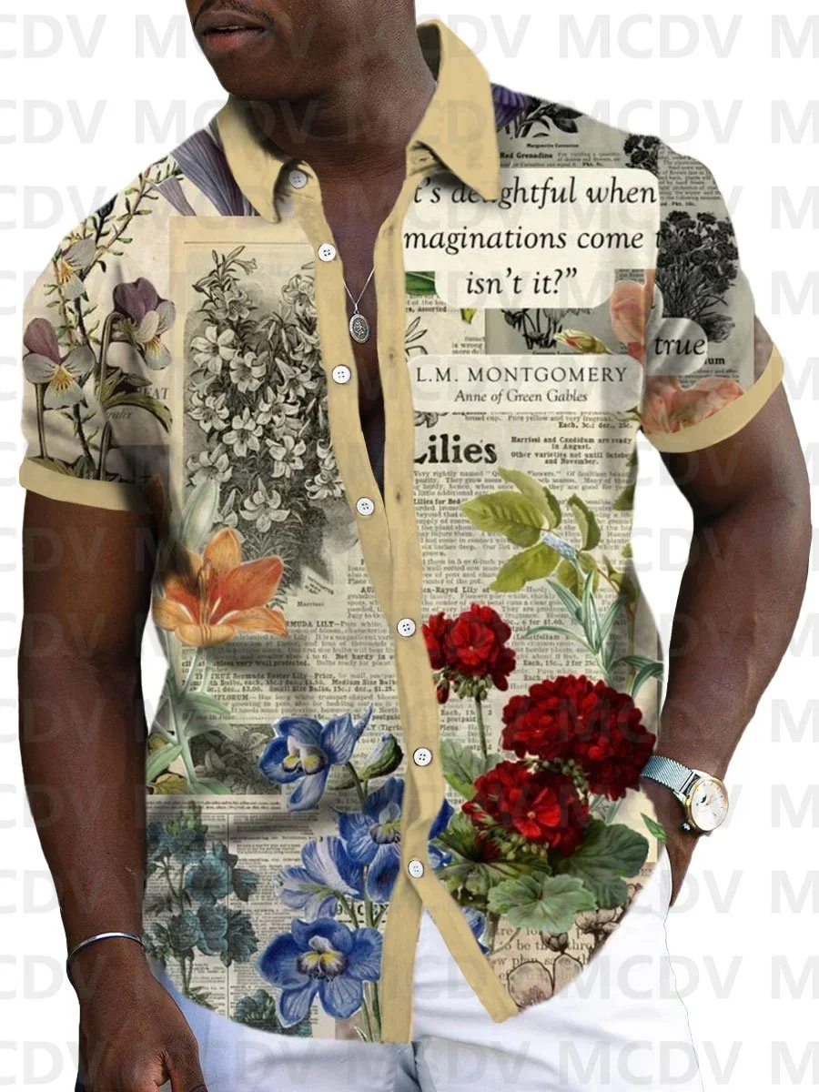 Men's Vintage Newspaper Floral Print Casual Loose Short Sleeve Shirt 3D Printed Men's Button Shirt Hawaiian Shirts