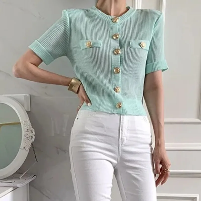 봄 가을 여성용 신상 우아한 라운드넥 반팔 셔츠 심플 패션 싱글 버튼 니트 가디건 코트