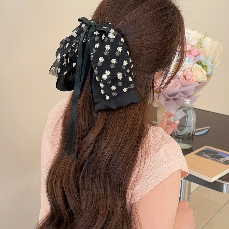 

Floral Print Ribbon Bow Hair Clip Pearl Back Of Head Half Up Style Korean Gentle Soft Shark Claw For Women