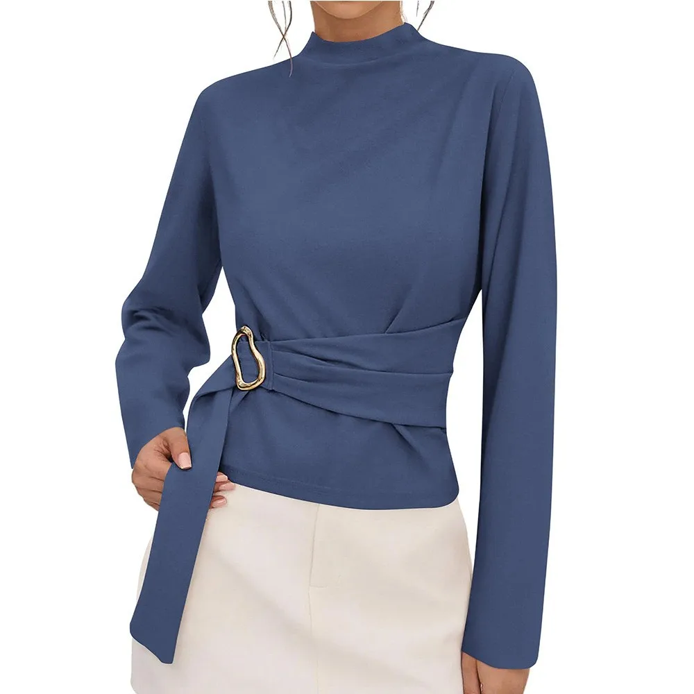 Women's Casual Slim Fit Knit Turtleneck Blouse Solid Color Self Belted Slimming Long Sleeve Shirt Top with Wrap Waist Detail