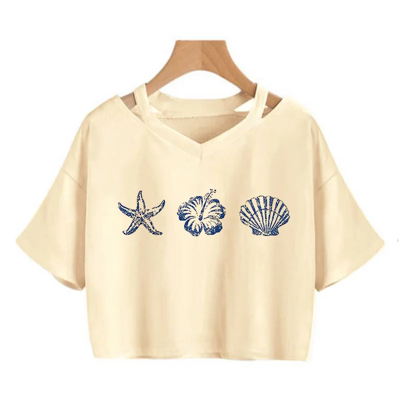 Summer Korean Style Cropped Tee Shirt Women's Casual Minimalist Starfish and Shell Pattern Crew Neck Short Sleeve Crop Tops Y2k