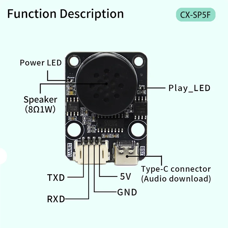 A37T-CX-SP5F Development Kit MP3 Voice Playback Module UART Serial Port Control Intelligent Voice Broadcast Voice Play Module