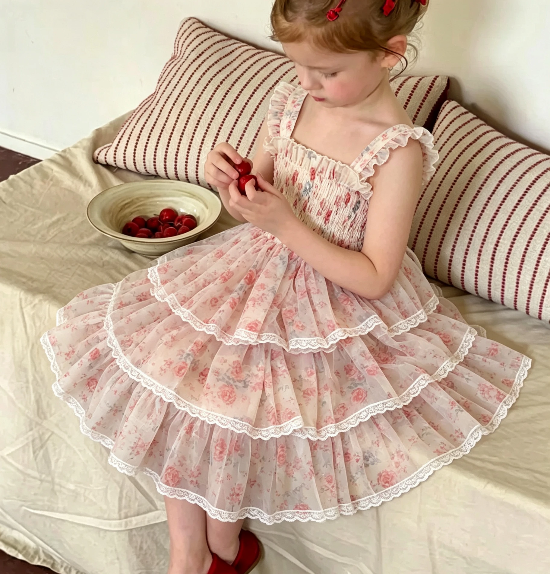 Floral Cotton Yarn Dress 2026 Summer New Girls Retro Style Yarn Skirt Girls Suspender Pulling Cake Dress