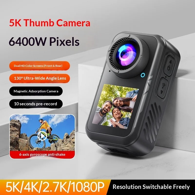 T70M Action Camera 5K Thumb Camera 6400W Pixel Dual Screen Magnetic Adsorption 6‑Axis Gyro Anti‑Shake Pre‑Record Outdoor Vlog