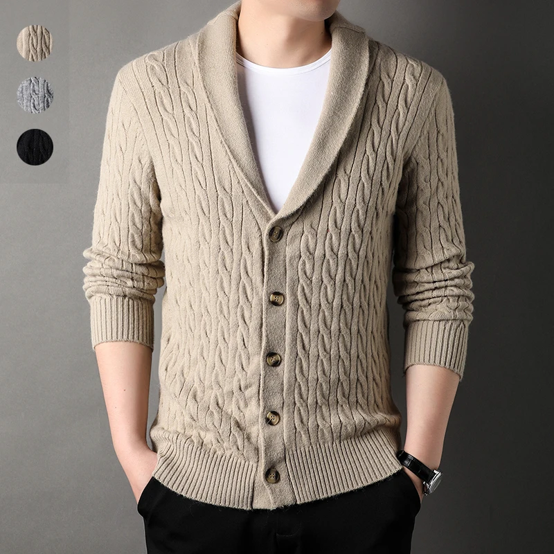 

New Men's Knitwear Green Collar Fashion Long Sleeve Cardigan Vintage Twisted Men's Sweater Cardigan Casual home style