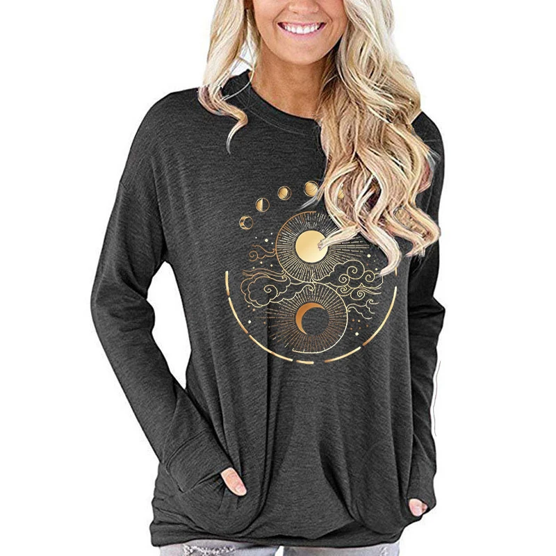 Mystic Moon and Sun T-shirt Mystical Moon Phase Fall Long Sleeve T-shirts Boho Vintage Moon Graphic Long-sleeved T-shirt Women