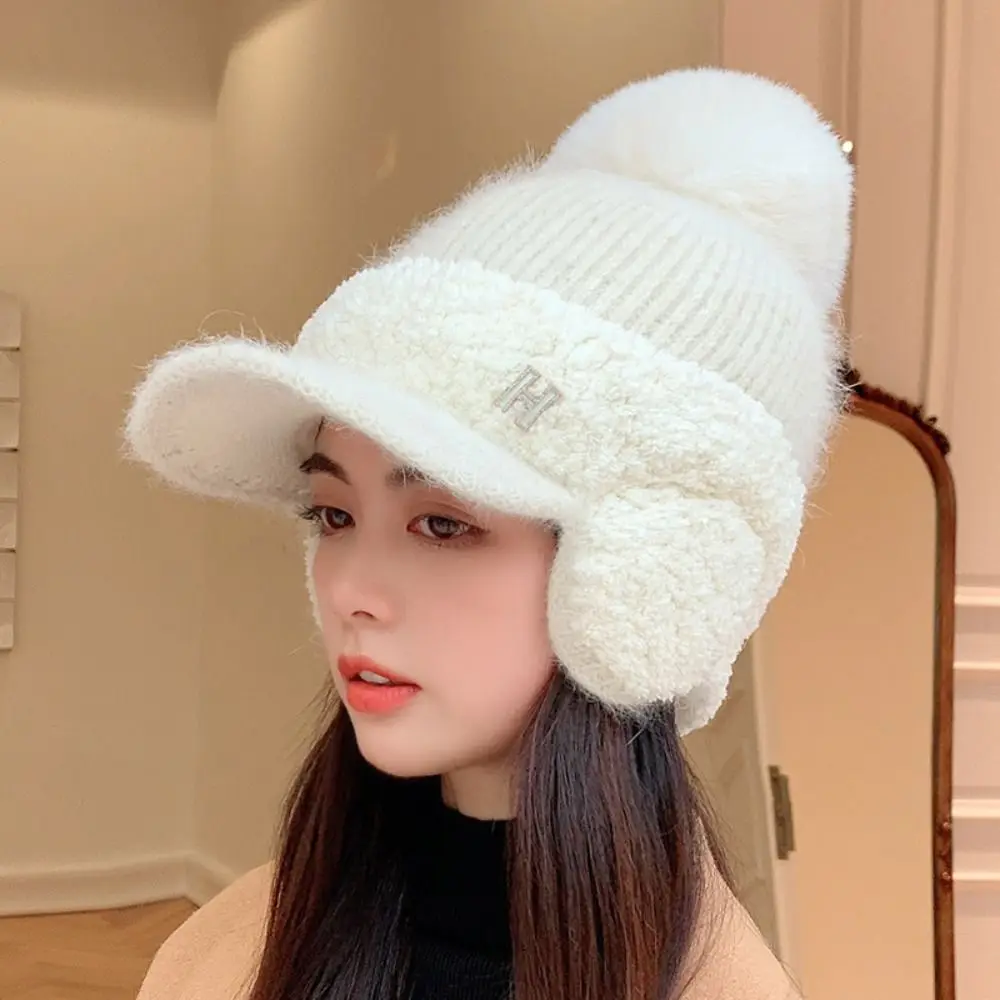 Rabbit Hair Blend Knitted Hat Accessories Solid Color 7 Colors Pom Pom Hat Thick Soft Warm Ear Muff Women