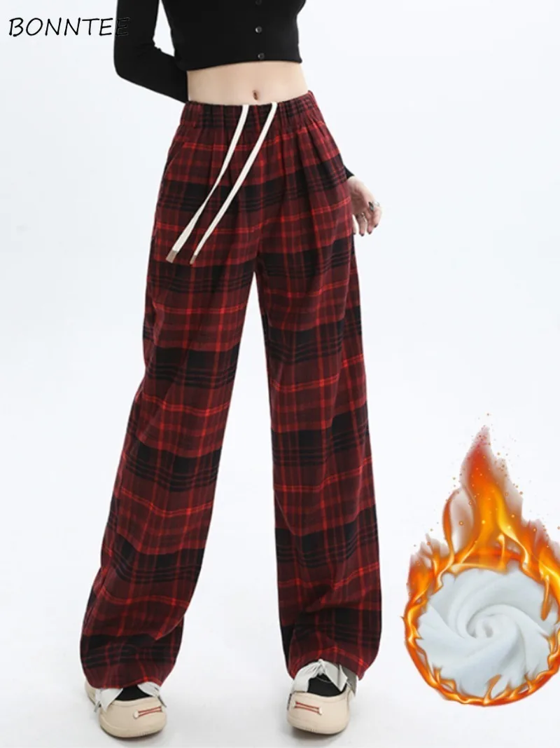 Pantalon femme taille haute Plaid cordon Chic Baggy automne hiver droit épaissir Plus velours tout-match pantalon jeune populaire