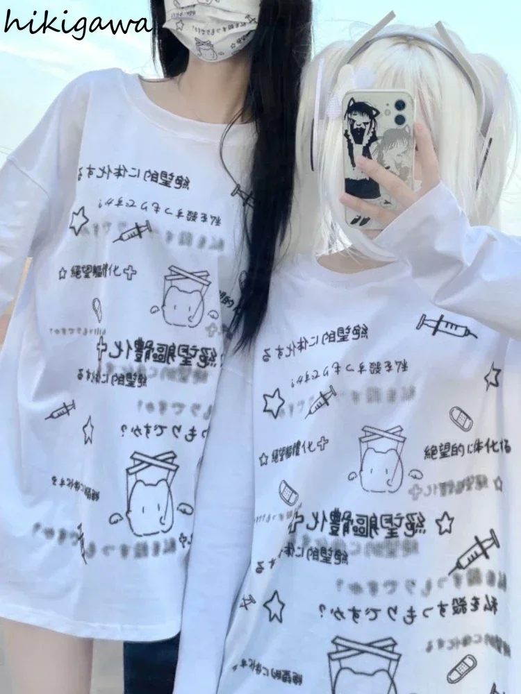 Camisetas japonesas para Mujer, Ropa de Mujer de gran tamaño, camisetas informales de manga larga, Ropa bonita con estampado de letras a la moda,
