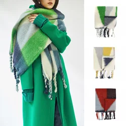 2023 Nuovo Sfumatura Geometrica Mohair Donne di Spessore Sciarpa di Cachemire Inverno Caldo Scialle Avvolge Coperta Sciarpe Lungo Nappa Hijab Stole