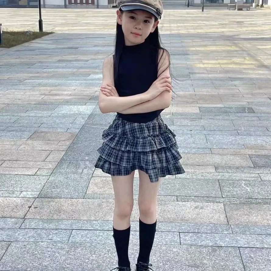 2026 Spring Autumn New Girls Stylish Plaid Half Skirt Preppy Style Children Clothing Girls Versatile Skirt