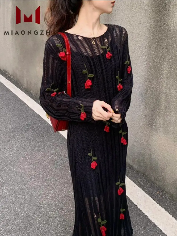 New Summer 2024 Black Flower Knitted Dress For Women O Neck Long Sleeve Hook Flower Hollow Female Elegant Holiday Party Dresses