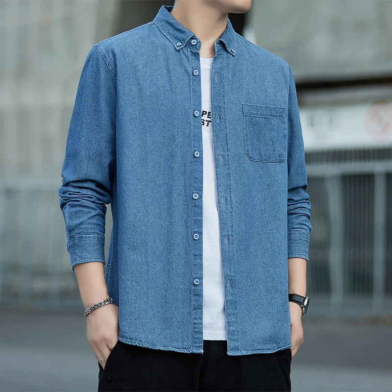 Spring Autumn Men\'s Denim Shirts Cotton Long Sleeve Solid Color Slim Casual Shirts Mens Blue Streetwear Daily Jean Blouse Tops