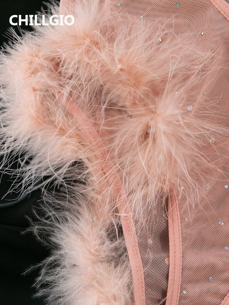 CHILLGIO ผู้หญิง Glitter Sequined Feather ตาข่ายบอดี้สูท Push Up Underwire Onesie ถุงมือโปร่งใสเซ็กซี่ One Piece Strappy Rompers