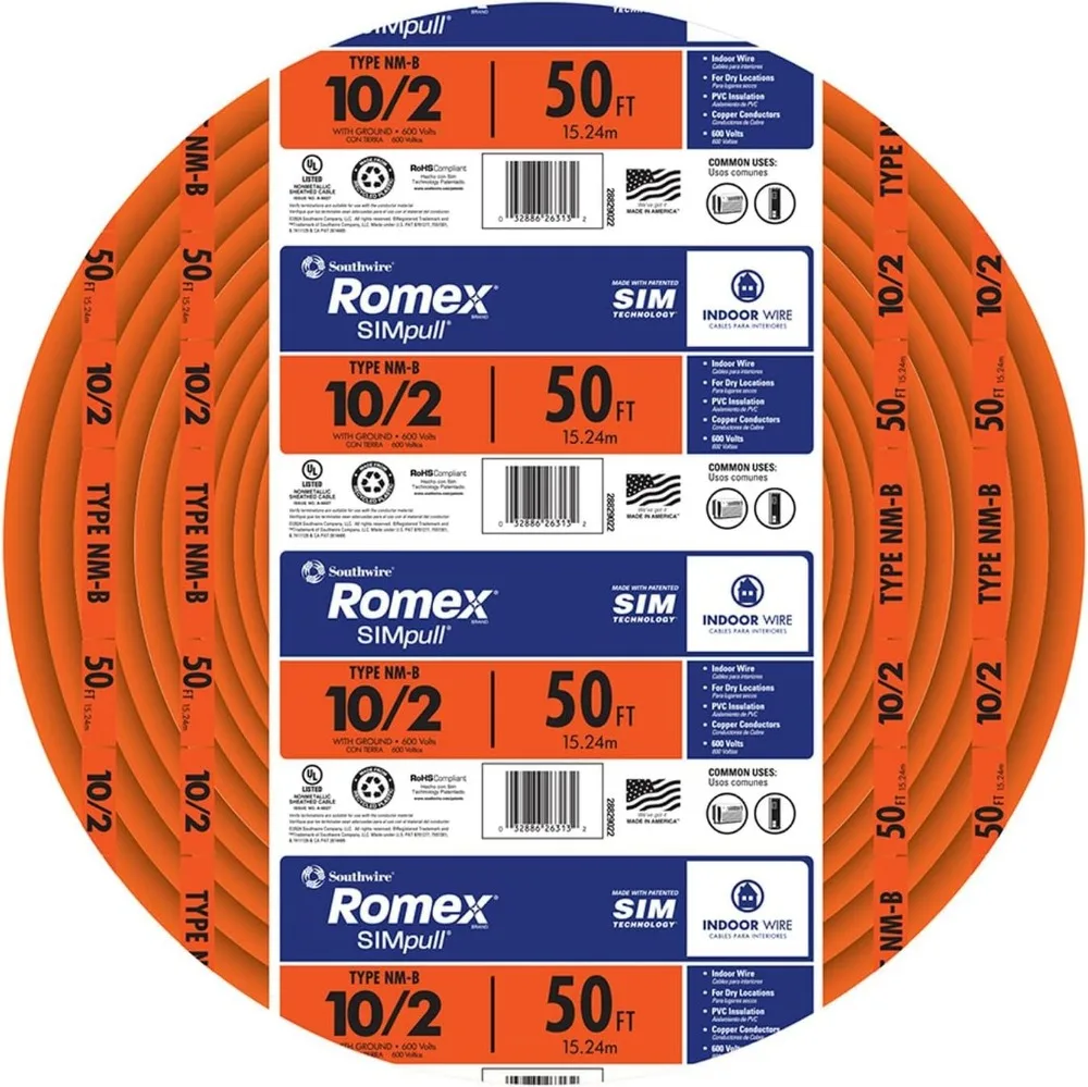 

Внутренний электрический кабель 10/2 NMB, катушка 50 футов, медный провод 600 В для сухих локаций