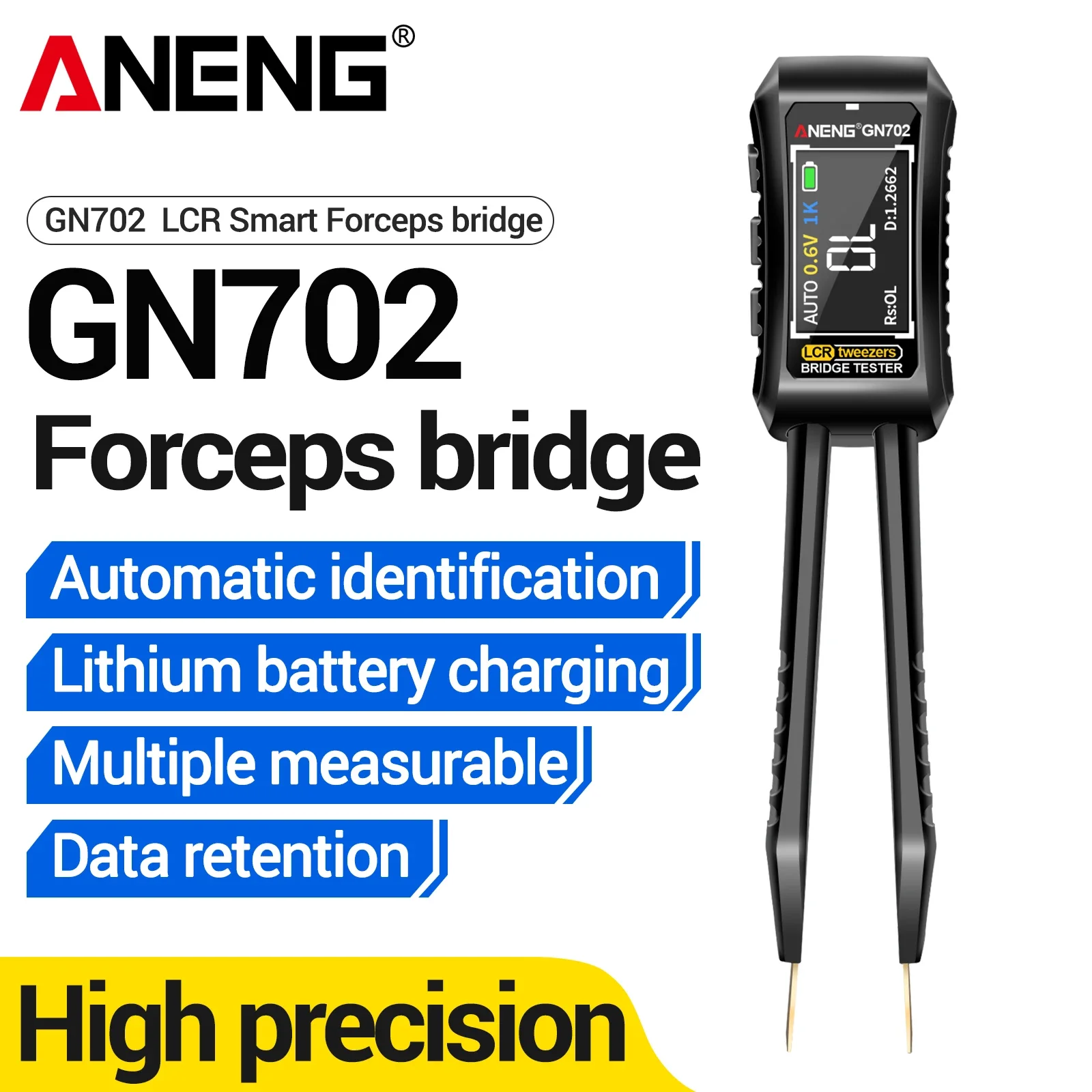 ANENG GN702 Digital LCR Bridge Measure Resistance Capacitance Inductance 100Hz/1KHz/10KHz OLED Auto Range Rechargeable Tester