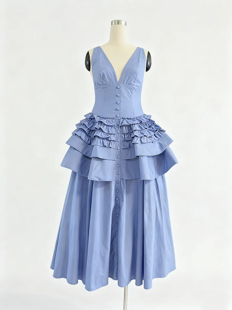 TWOTWINSTYLE الصلبة تقسم الكشكشة طيات فساتين طويلة أنيقة للنساء الخامس الرقبة أكمام تونك المرقعة أزرار فستان الإناث