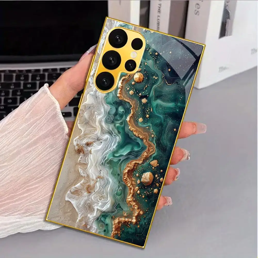 Green sand flow pattern glass phone case for Samsung Galaxy S26/22/23/24/25 PLUS/S21/22/23/24/25 ULTRA back cover