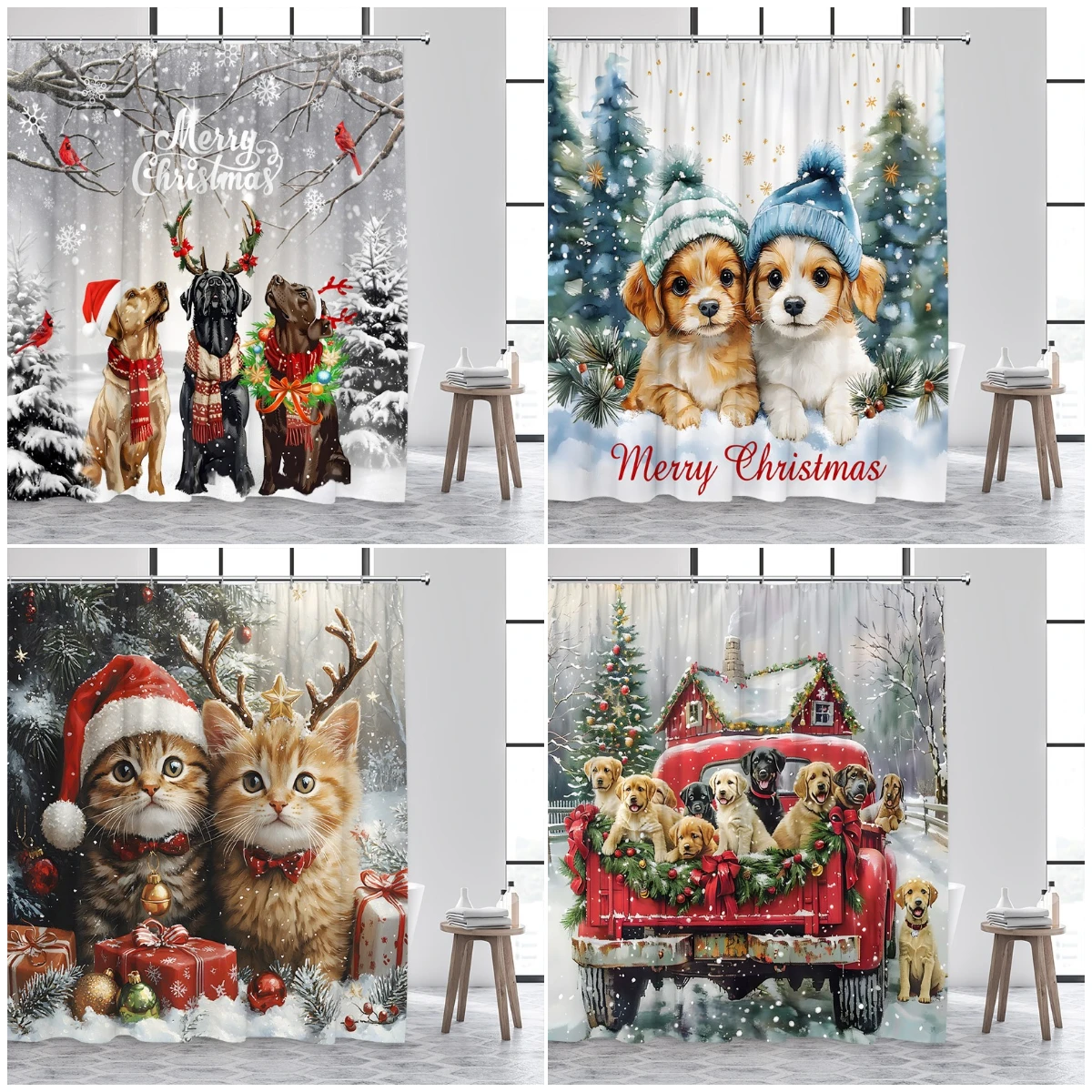 

Рождественская занавеска для душа с изображением кота и собаки, зимняя рождественская елка, красный грузовик, милые домашние животные, занавески для ванной, тканевый декор для ванной комнаты с крючками