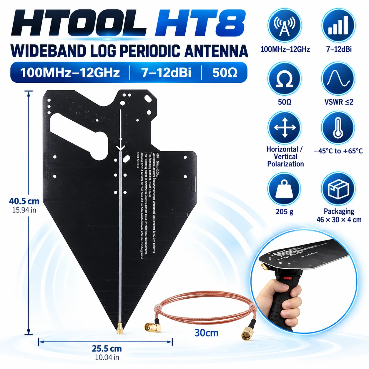 HT8 Wideband Log Periodic Antenna,100MHz-12GHz,7~12dBi,50Ω Passive SMA Antenna for Spectrum & EMC Test, Optional Handheld Grip