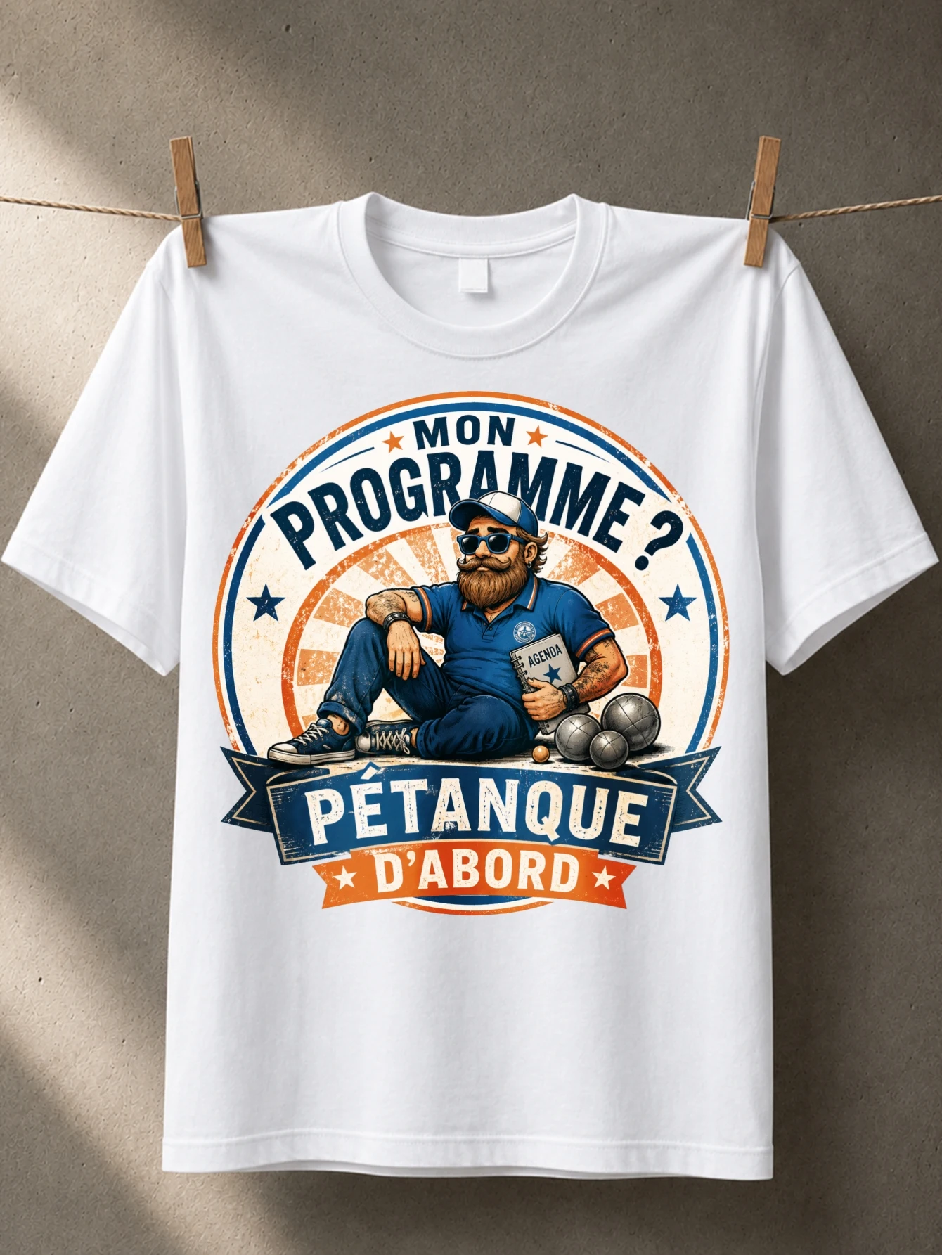 Mon Programme? Petanque Abord bearded player with metal balls blue orange retro graphic Unisex All  Unisex All T-Shirt