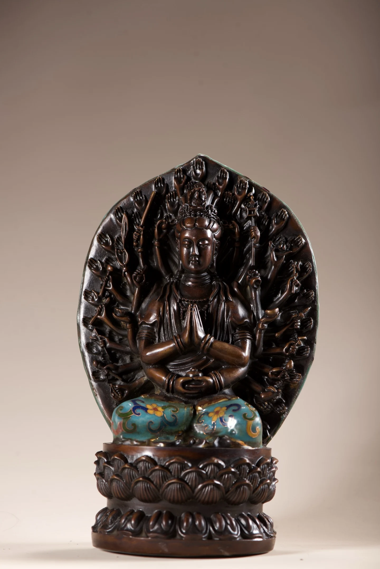 Old Bronze Cloisonne Enamel High relief Cundhi bodhisattva  1000 arm Guanyin Sitting Buddha Amitabha Buddha Wenfang screen