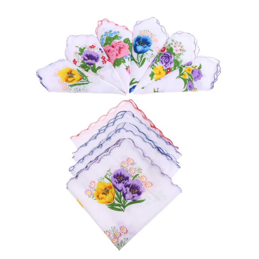 10pcs Women Cotton White Handkerchiefs Assorted Colourful Flowers Gift