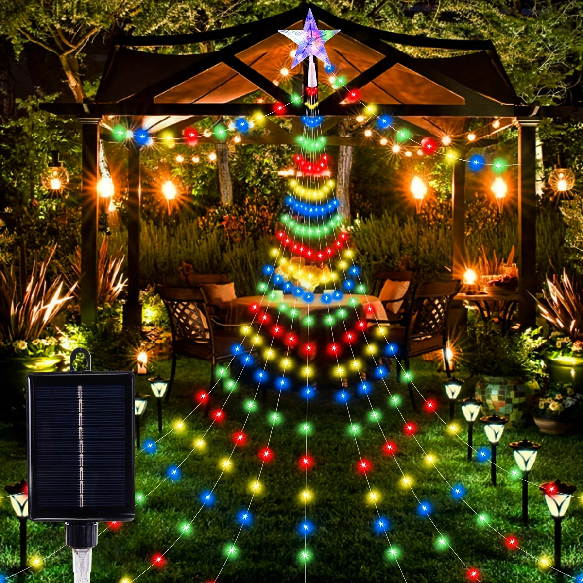 9.8FtWaterproof Solar Pentagram Waterfall String Lights - 280 LED With 8 Modes For Yard, Camping, Outdoor Christmas Decorations