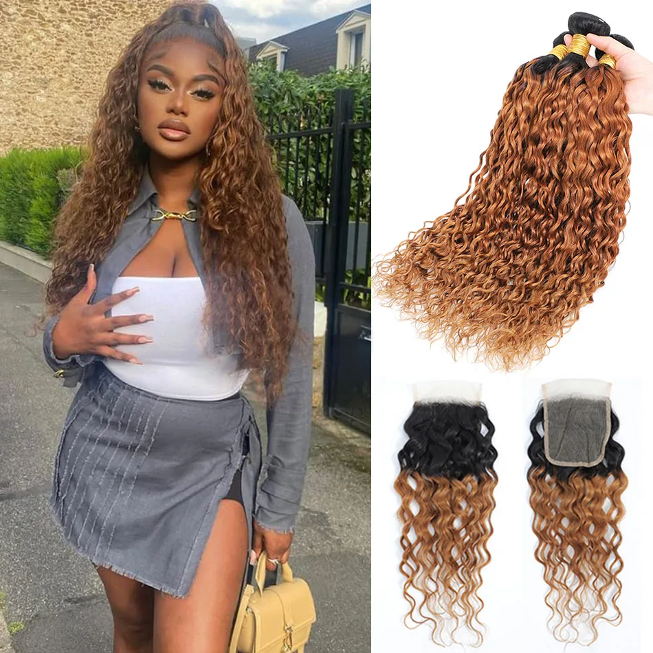 DreamDiana 10A Brazilian Virgin Hair Water Wave 3 Bundles with Closure Ombre Wet And Wavy Human Hair Bundles With Lace Closure