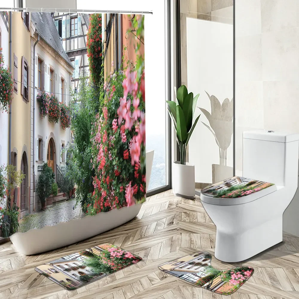 Country Town Architecture Street View Shower Curtain Flower Rattan Natural Scenery Non-Slip Rug Toilet Cover Bathroom Deco Set