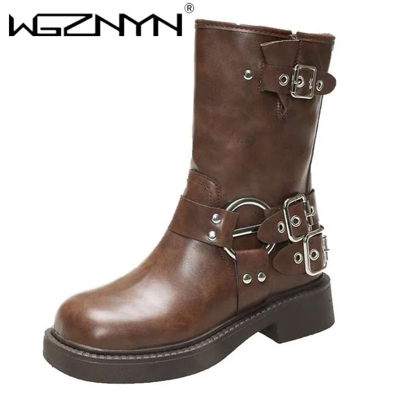 

Metal Buckle Square Toe Knee High Boots Women Black PU Leather Punk Long Boots Woman Autumn 2024 Chunky Heels Motorcycle Booties