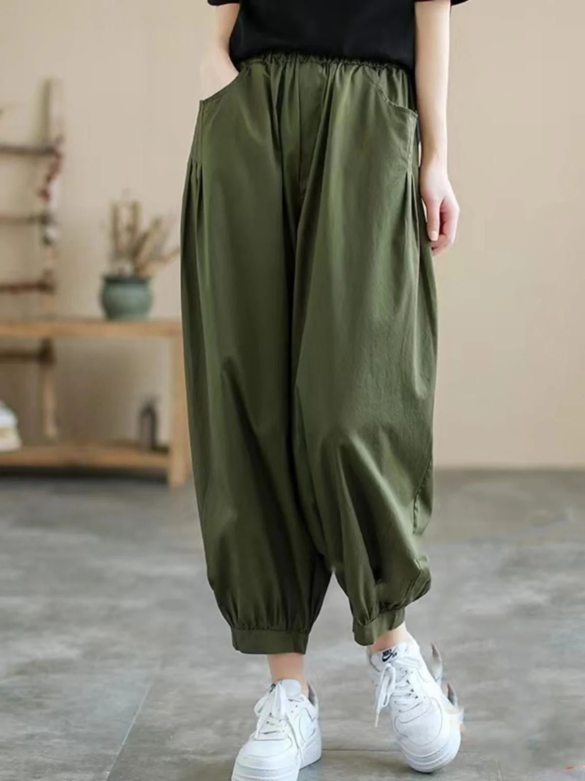 

Loose Straight Leg Pants Women's Elastic Waist Cotton Blend Slimming Trousers Summer Faion plus Size Casual Loose Fit