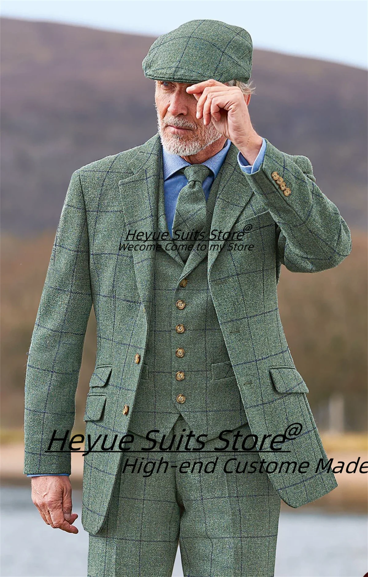 

Classic Green Plaid Men Suits Male Office Work Blazers Customized Sized Handsome Groom Wedding Tuxedos Business 3 Pieces Sets