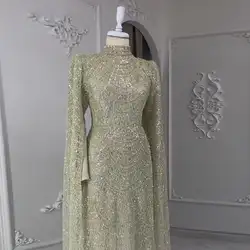 Jancember Dubai Sage Green Muslim Evening Dress with Cape Sleeves High Neck for Arabic Women Wedding Party LSZ260