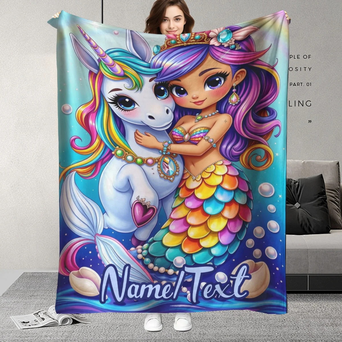Flanell-Überwurfdecke mit individuellem Namen, Einhorn und Meerjungfrauenmuster für Sofa, Büro, Bett, Reisen, Camping, einzigartige Geschenkidee
