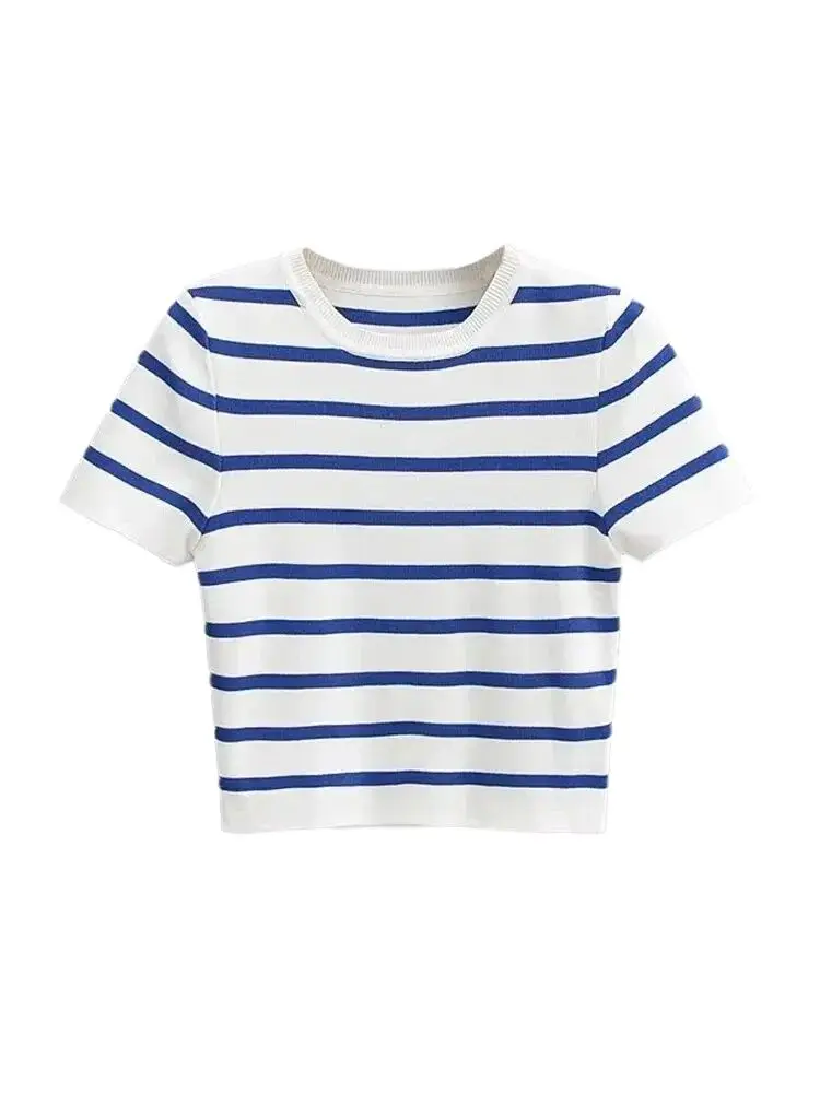 Femmes mode rayé basique recadrée tricot pull Vintage col rond manches courtes femme pulls Chic hauts