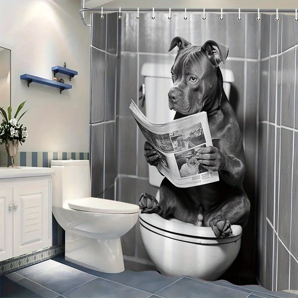 1pc Humorous Pit Bull Puppy Shower Curtain Cute Short-Haired Dog Sitting on Toilet Holding Newspaper with Cartoon Print Funny Bl